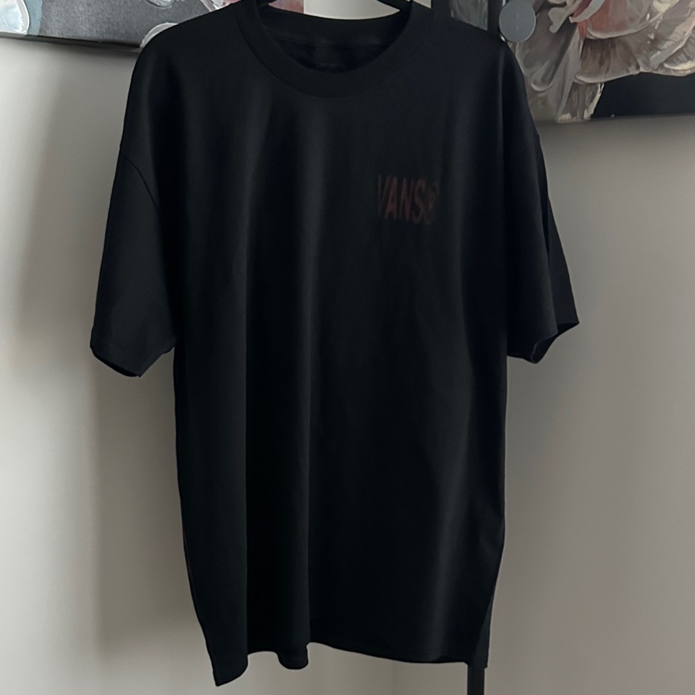 Vans Black Short Sleeve Tee with Subtle Chest Logo (Dark Red Print)